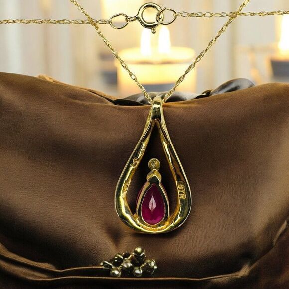 VINTAGE- 10k Gold-Ruby Diamond Necklace-18"-Pear Cut-Romantic Ruby Necklace-1.6g - Picture 14 of 16